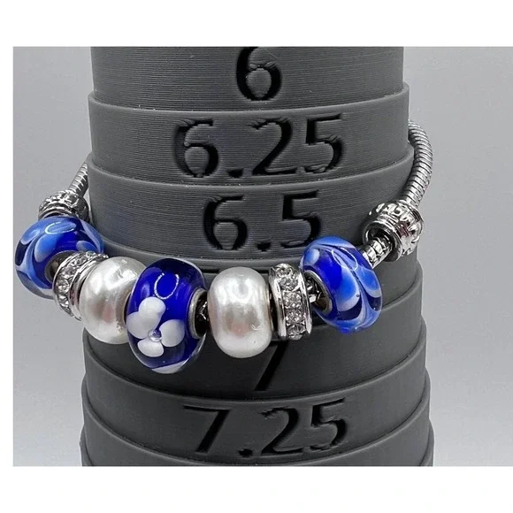Blue Charm Bead Bracelet Silver Tone Adjustable 7–8.5" Rhinestone Accents - Picture 4 of 4
